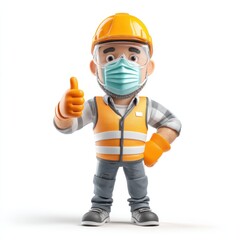 A 3D cartoon construction worker wearing safety gear and a mask, giving a thumbs up.
