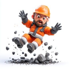 A cartoon construction worker in safety gear appears to be falling or tripping amid flying rocks on a white background.