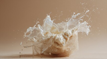 Splash of milk with oats in motion frozen against warm brown background for breakfast product concept dairy design advertising photography
