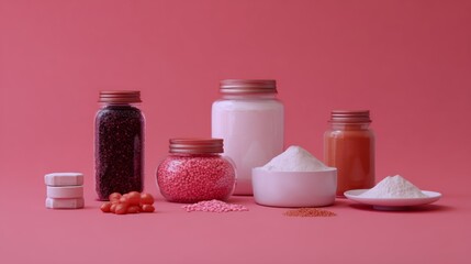 Health powder supplements and jars on pink background for wellness product branding clean nutrition composition diet minimalist photography