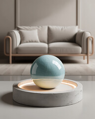 Modern living room with a spherical decorative object on a pedestal