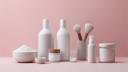 Minimal pink skincare set with powder and bottles for cosmetics wellness product branding clean bathroom modern packaging photography