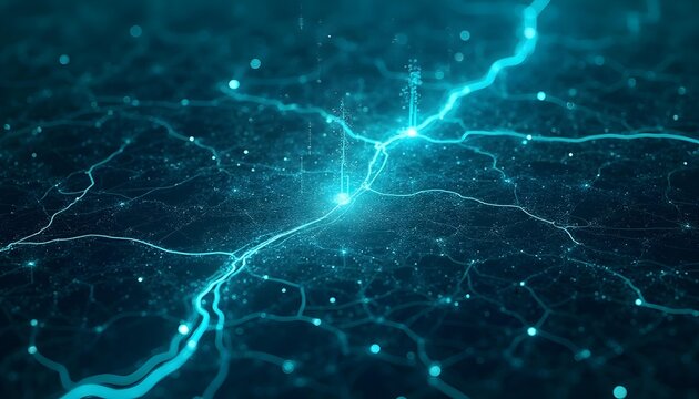 Smart city map with glowing streets and data points, top-down view, neon blue and green . - Powered by Adobe