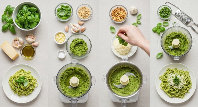 Making fresh basil pesto pasta kitchen counter cooking tutorial bright and clean top-down view culinary experience