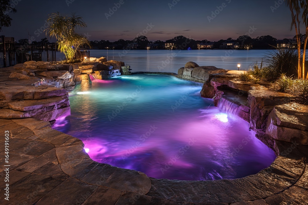 Poster serene nighttime pool with colorful water illuminated by led lights on calm lake shoreline in tranqu