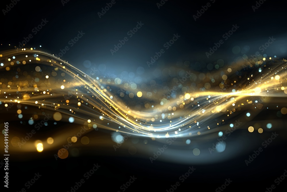 Poster glowing abstract waves of light and particles creating a magical illumination effect in a dark backg