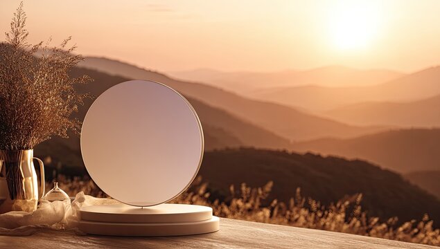 Golden hour, round mirror, mountain backdrop - Powered by Adobe