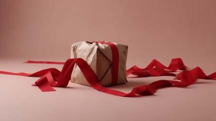 Gift box with ribbon on red background for holiday celebration product branding romantic packaging decoration special occasion visuals