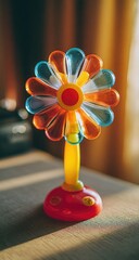 Colorful flower-shaped toy fan on a table