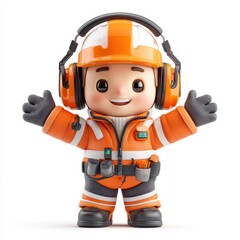 Fototapeta premium A cheerful cartoon construction worker wearing an orange safety suit, helmet, gloves, and ear protection, with tools attached to the belt.