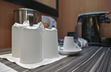 View into oceanview panoramic window porthole cabin stateroom in cozy Italian interior design...