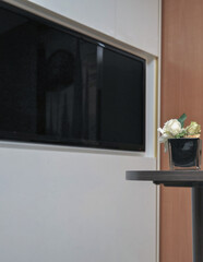 View into oceanview panoramic window porthole cabin stateroom in cozy Italian interior design...