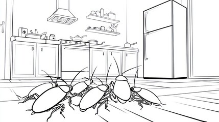Line art shows cockroaches clustered on kitchen floor near cabinets and appliances