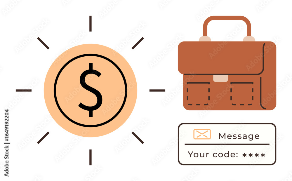 Poster dollar sign coin with rays, a professional briefcase, and message with secure code. ideal for financ