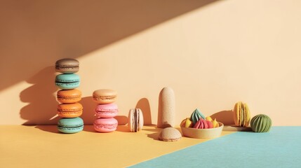 Pastel macarons with wooden eggs on dual tone background for bakery product branding minimal food photography dessert packaging visuals