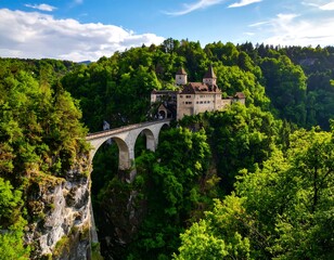 Castle nestled in lush valley, bridge spanning a chasm