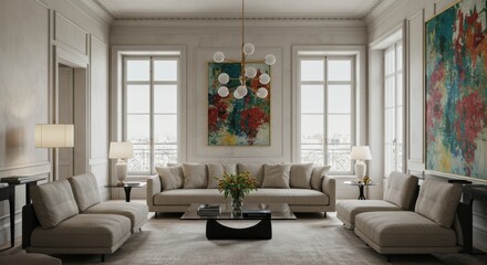 Modern living room design with colorful artwork urban home interior photography bright and spacious contemporary concept