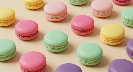 Obraz premium A beautiful assortment of colorful French macarons in pastel shades, a delightful and elegant gourmet dessert for sweet celebrations.