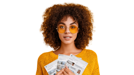 Stylish Woman Shares Social Media Mockups in Yellow Sweater