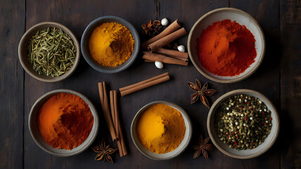Overhead shot of colorful spices arranged in small bowls on a dark rustic table