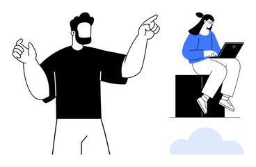 Obraz premium Confident man gesturing dynamically, with a woman sitting and working on a laptop. Ideal for teamwork, communication, leadership, technology, education, productivity collaboration. Simple flat