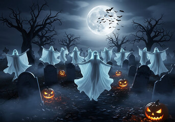 A spooky halloween night scene with ghosts pumpkins and bats under a full moon in a graveyard