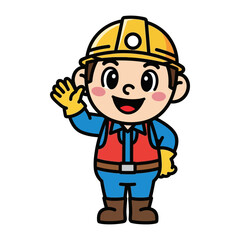 Construction Worker's Greeting: A cheerful construction worker waves hello, dressed in essential safety gear, and projects a welcoming persona for a construction site.