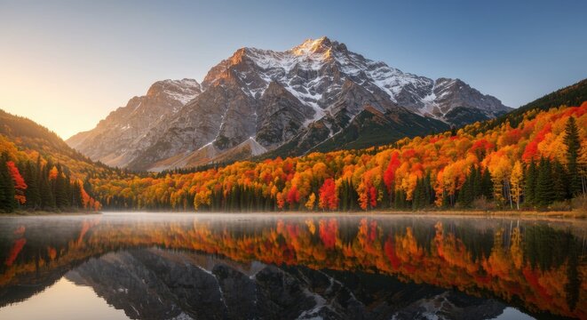 Majestic autumn reflection over mountain lake rocky mountains landscape photography tranquil environment early morning view - Powered by Adobe