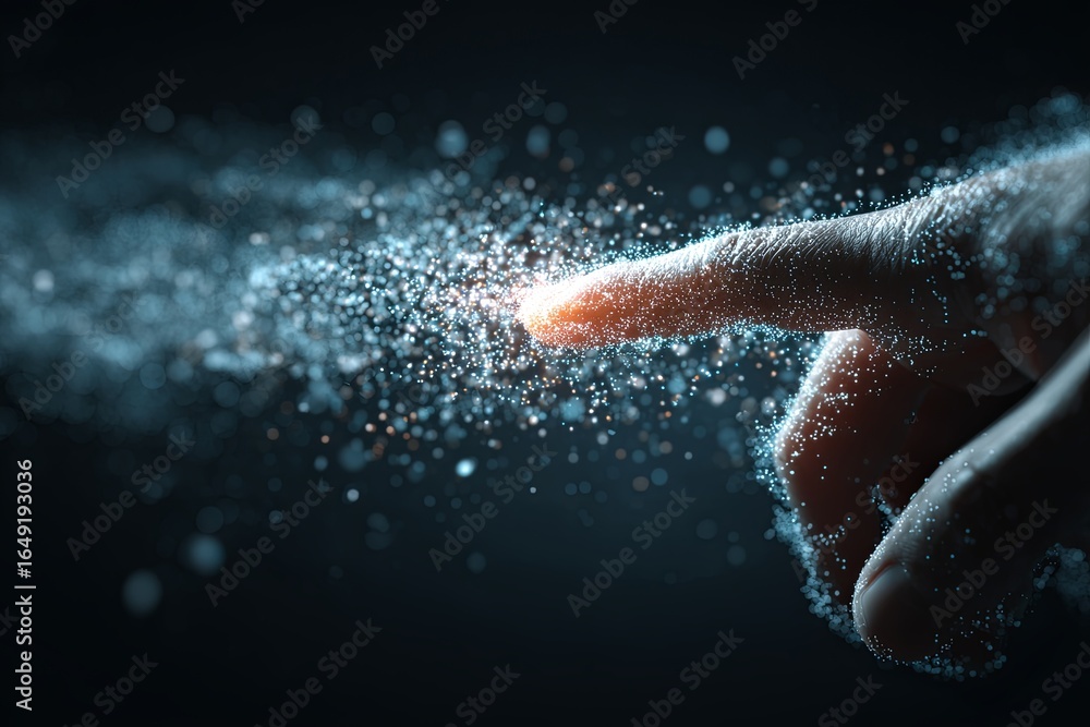 Poster human finger touching digital particles creating light in dark background for abstract technology co