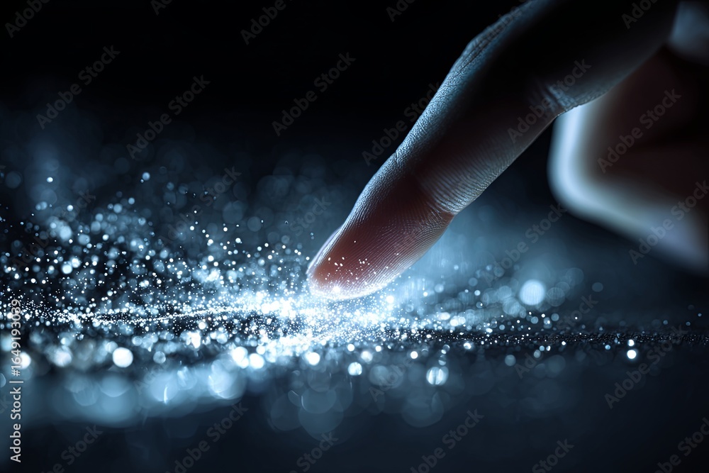 Poster human finger touching digital particles creating light in dark background for abstract technology co