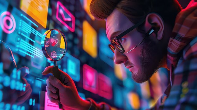 Man with glasses looking at digital interface through magnifying glass in a futuristic setting
