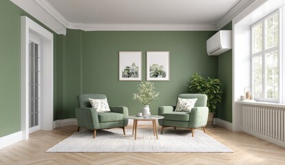 Fototapeta premium Green living room, modern, cozy