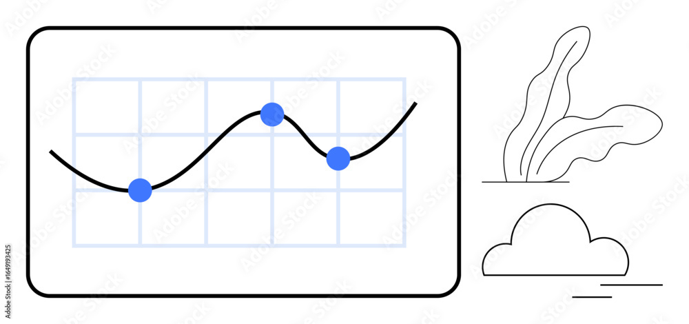 Poster graph with grid lines and data line connecting three blue points. simple shapes of a cloud and leave