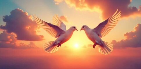 Naklejka premium A pair of doves soaring gracefully through a vibrant sunset sky, wings outstretched in a breathtaking display of freedom and affection , soaring, vibrant