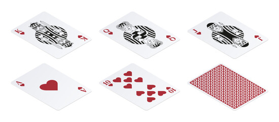 Royal flush of Hearts. Isometric playing cards. 