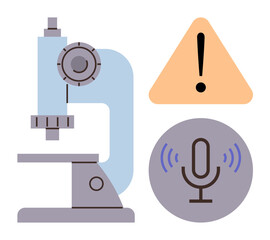 Microscope beside a caution sign and microphone, representing scientific research, safety concerns, and audio communication. Ideal for science, laboratory, safety, communication, technology