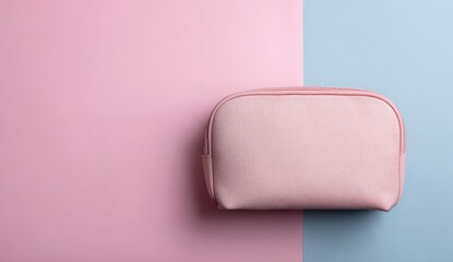 Empty light pink cosmetic bag on a pink and light blue background