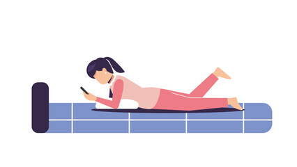 young Woman laying down on blue bed using mobile phone and smile