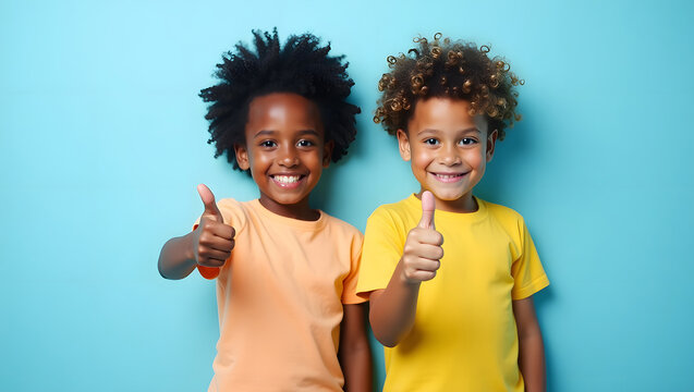 Two cheerful boys give a thumbs-up. Diverse kids smiling against a blue background.
