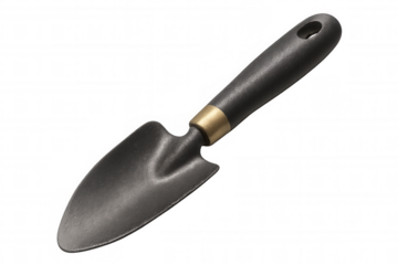 Small gardening trowel with black handle and golden ferrule isolated on transparent background, gardening tools concept