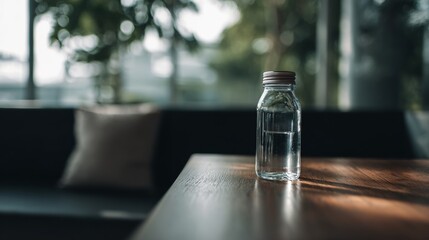 Glass water bottle on wooden table in natural light for minimal product photography wellness beverage branding hydration lifestyle concept