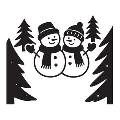 Silhouette illustration on a clean white background, depicting a charming winter scene. 