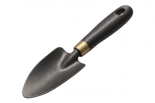 Small gardening trowel with black handle and golden ferrule isolated on transparent background, gardening tools concept