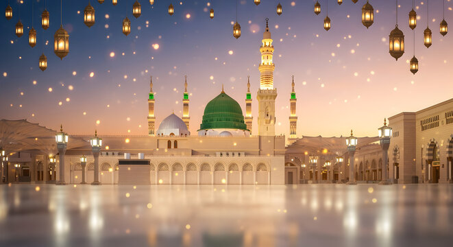 Milad un Nabi Maulid or Mawlid al Nabi islamic background banner with Madina holy city celebration art