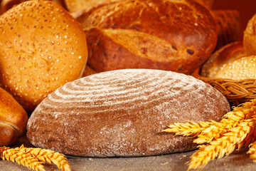 Fresh baked bread. Assorted bakery products loafs of bread and rolls...