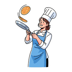Naklejka premium Culinary Acrobatic: A skilled chef expertly flips pancakes in a pan, showcasing culinary prowess and a joyful approach to breakfast preparation.