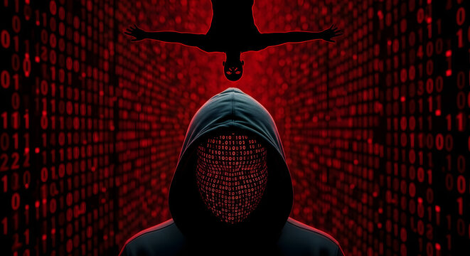 Anonymous hacker in a hoodie with a binary code face against a red digital background. Cybersecurity concept of cyber attack, data theft, and internet crime.