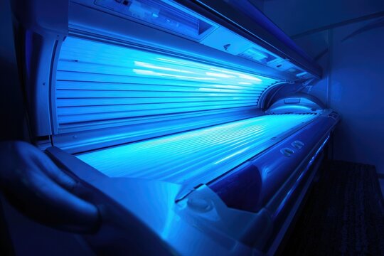 Tanning bed lit with blue UV light.  Interior view