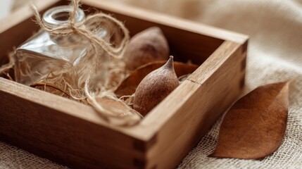 Natural dried herbs and root pieces in wooden box for organic product packaging apothecary photography health wellness branding composition