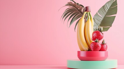 Tropical fruit arrangement with banana and raspberry on colorful background for food product photography diet concept visual branding design